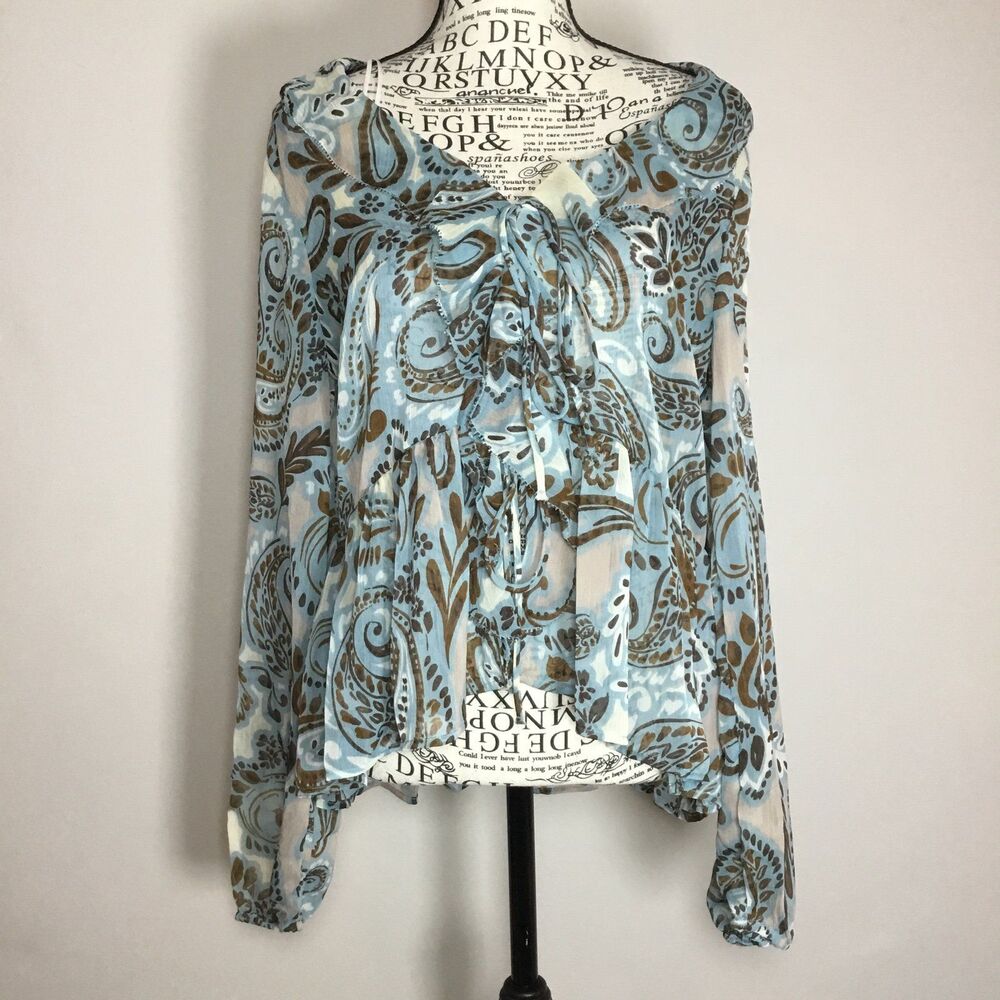 Sheer heavily ruffled blouse blue brown cream 1800s Versailles feminine M